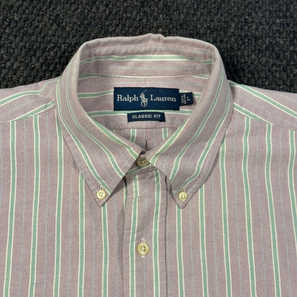 Vintage Polo Ralph Lauren Oxford Shirt Mens L Classic Fit Purple Green Striped - Picture 3 of 13